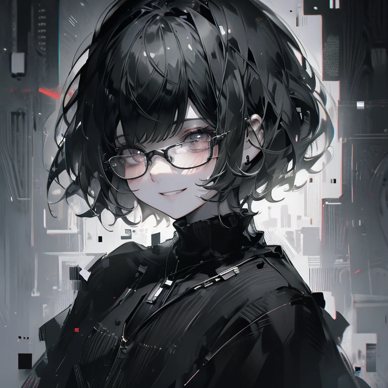 (8K、Highest quality、Highest quality、masterpiece)、Detailed face、One Girl、Black Hair、Glasses、Bobcut、whole body、Grin