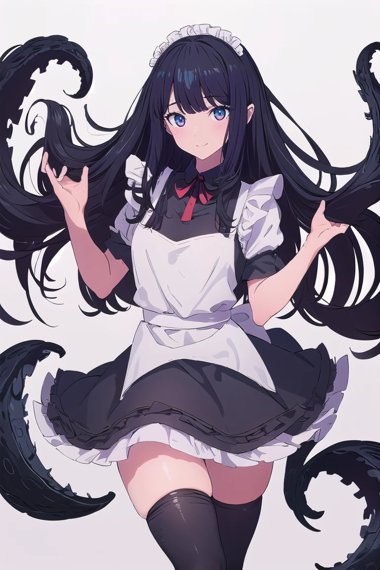 playing with tentacles、Tentacles、Black Hair、Thighs、skirt、solo girl、black tights、Black Eyes、Leg spread、No Man、tentacles and sex、Open Mouth Smile、maid costume