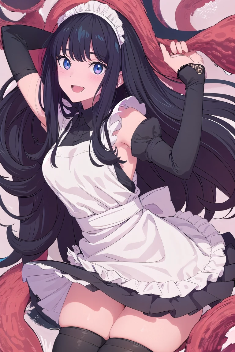 playing with tentacles、Tentacles、Black Hair、Thighs、skirt、solo girl、black tights、Black Eyes、Leg spread、No Man、tentacles and sex、Open Mouth Smile、maid costume