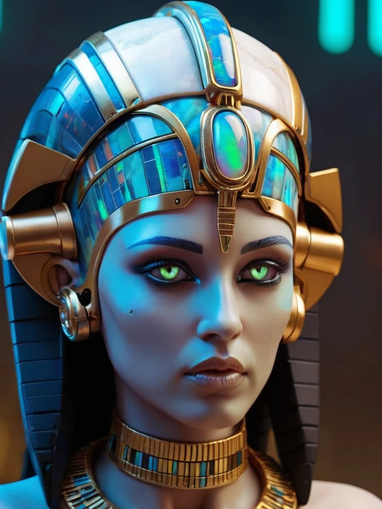 ral-opal, meahophontron, whole body, Woman robot face, Cyberpunk futurista, bust, cleopatra of egypt theme, Egypt background, demonic environment.