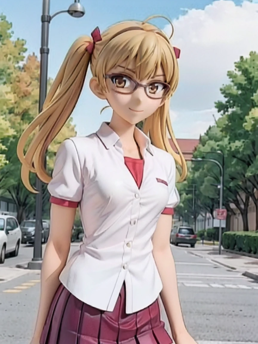 1 boy and 1 girl stand in the street,twintails,sawachika eri, brown eyes, hair ribbon,harimakenji, glasses, ,school uniform, red pleated skirt,eri,hairband, looking_at_viewer, serious, gakuran, white_shirt,smile,happy,two persons