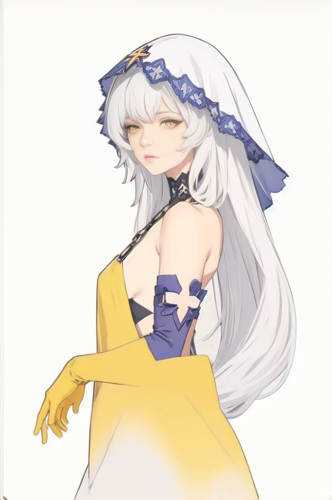 (masterpiece, best quality:1.2), highly detailed, RAW photo, white background, simple background, 1girl, solo, upper body, medium shot, veil, yellow eyes, long hair, elbow gloves, bare shoulders, dress, from side