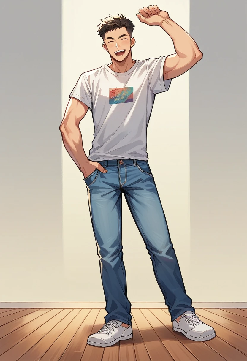 A man dancing, full-body shot, captured mid-movement. He is wearing casual dance attire such as a t-shirt and jeans, with a dynamic and energetic pose. The background is a simple studio setting with a wooden floor and mirrored walls, reflecting his movements. The lighting is bright and highlights his expressive motion and joyful expression.
