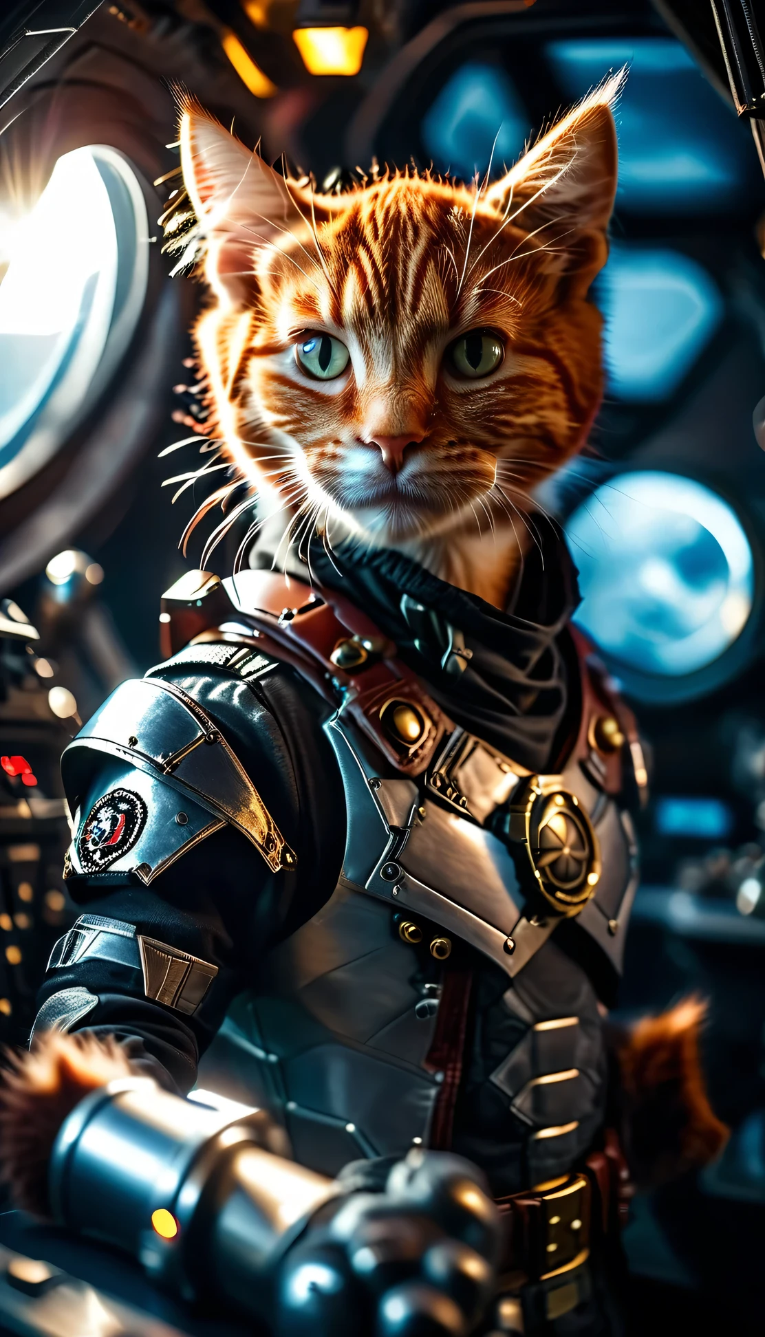 cinematic photo a detailed Award-winning photo, Cute red-haired cat space pirate in his spaceship ,Realistic fur, tooth , anger, Have a big futuristic gun, Epic pose, High quality photos, 3-point lighting, flash with softbox, 4K, Canon EOS R3, High resolution, Smooth, Sharp focus, High resolution, Award-winning photo, 80mm, F2.8, Bokeh . 35mm Photography, movie, Bokeh, Professional, 4K, Very detailed