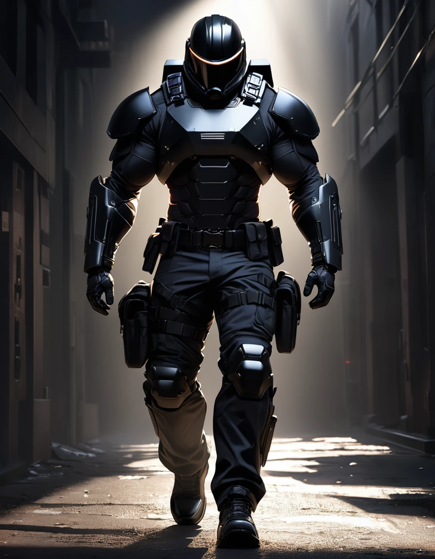 High-resolution anime digital art, Masterpiece, Man Big Body, Wearing FBI Uniform, wear Black Riot Helmet, muscular body, walking, Full Body, cinematic lighting, dramatic shadows, intricate, chiaroscuro, moody atmosphere, powerful presence, tactical gear, hyper detailed, sharp focus, physically-based rendering, black background.