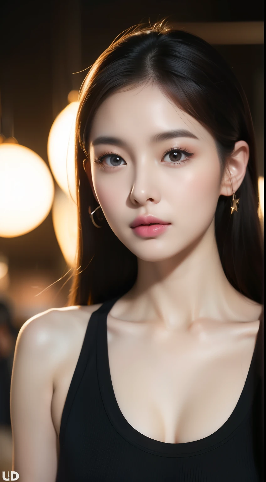 Realistic photos of one cute Korean star, hair behind the ear, White skin, light makeup, Chest size 32 inches, wearing a tank top, Mart, night, crowded, close-up portrait, uhd