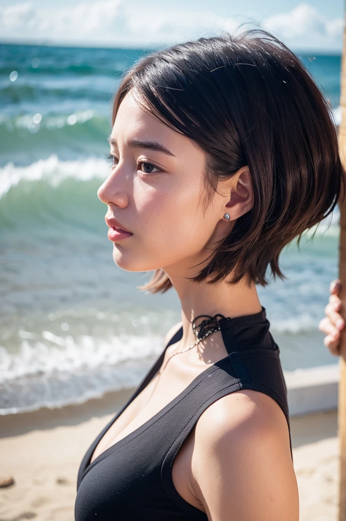 4k, Top quality, 1 beautiful woman, super short Hair, Sunlight, at beach, profile