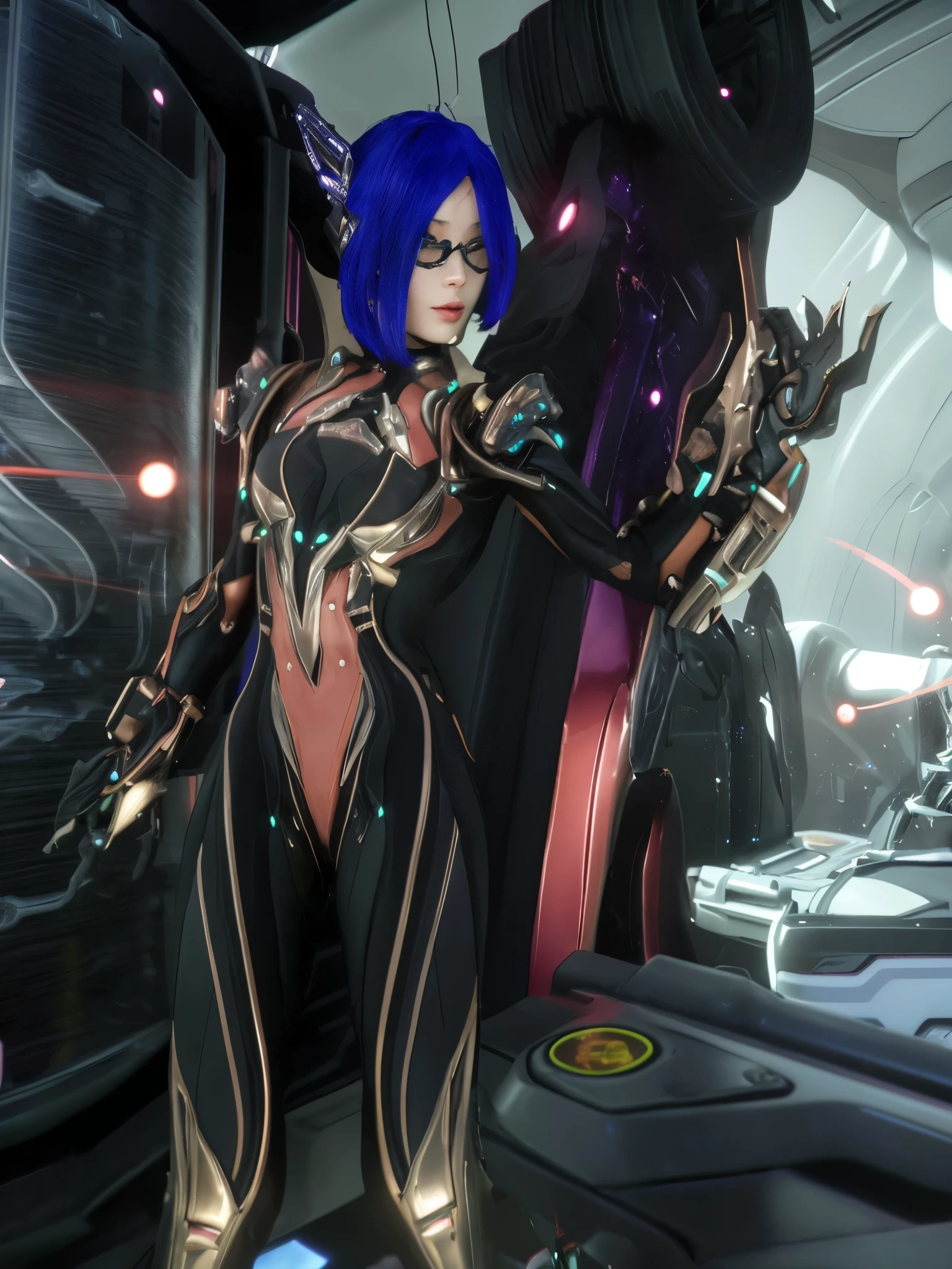 there is a woman in a futuristic suit in a spaceship, of a beautiful female warframe, de um lindo warframe saryn, sharp silver armor fuchsia skin, sigma female, thick, smooth warframe thighs, detailed warframe, 4k ray tracing, 4k ray tracing, dressed in cybernetic armor, Exoskeleton Armor, cyborg goddess in cosmos