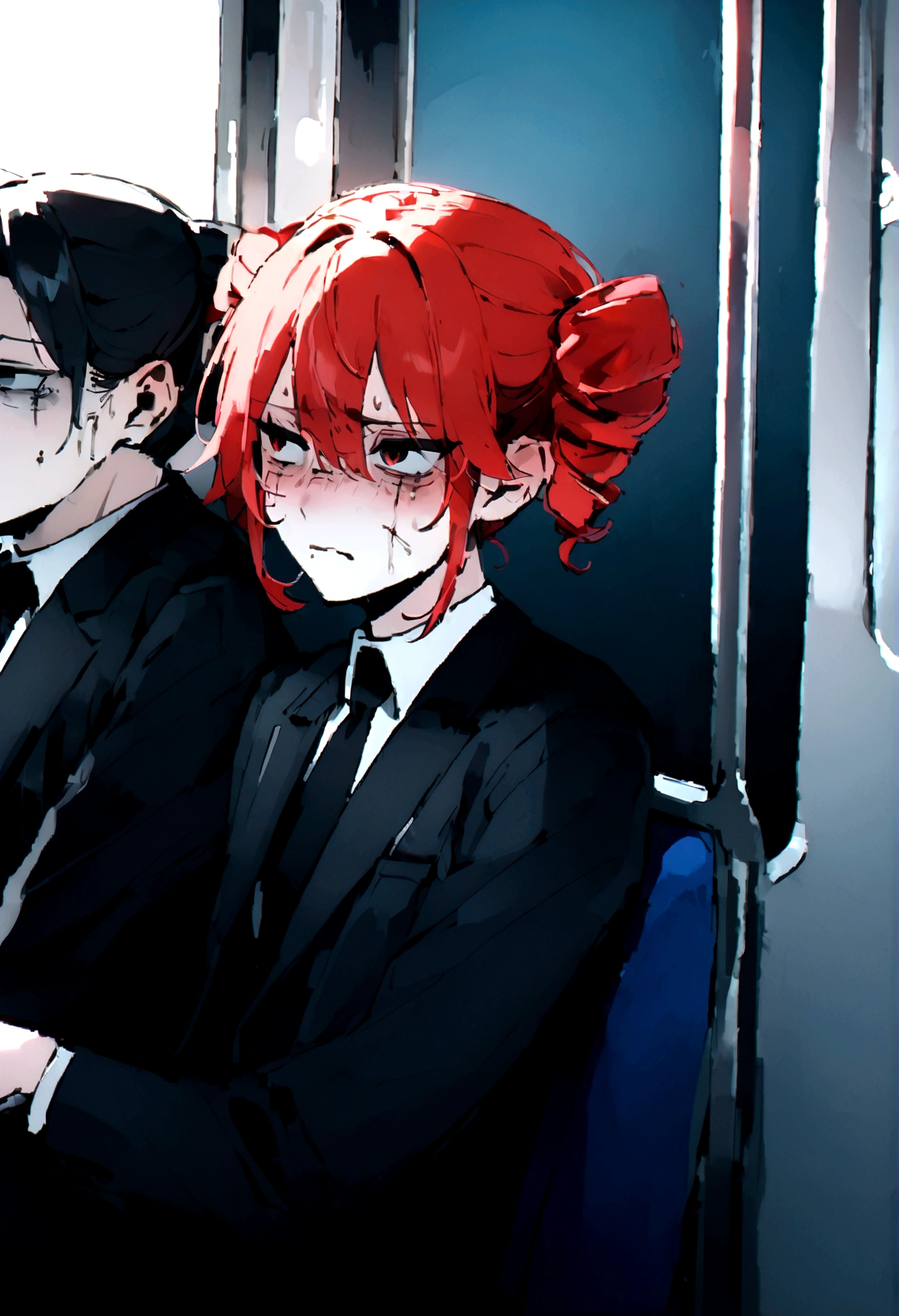 Red hair、Black Suit、Painful face、on the train、Sitting