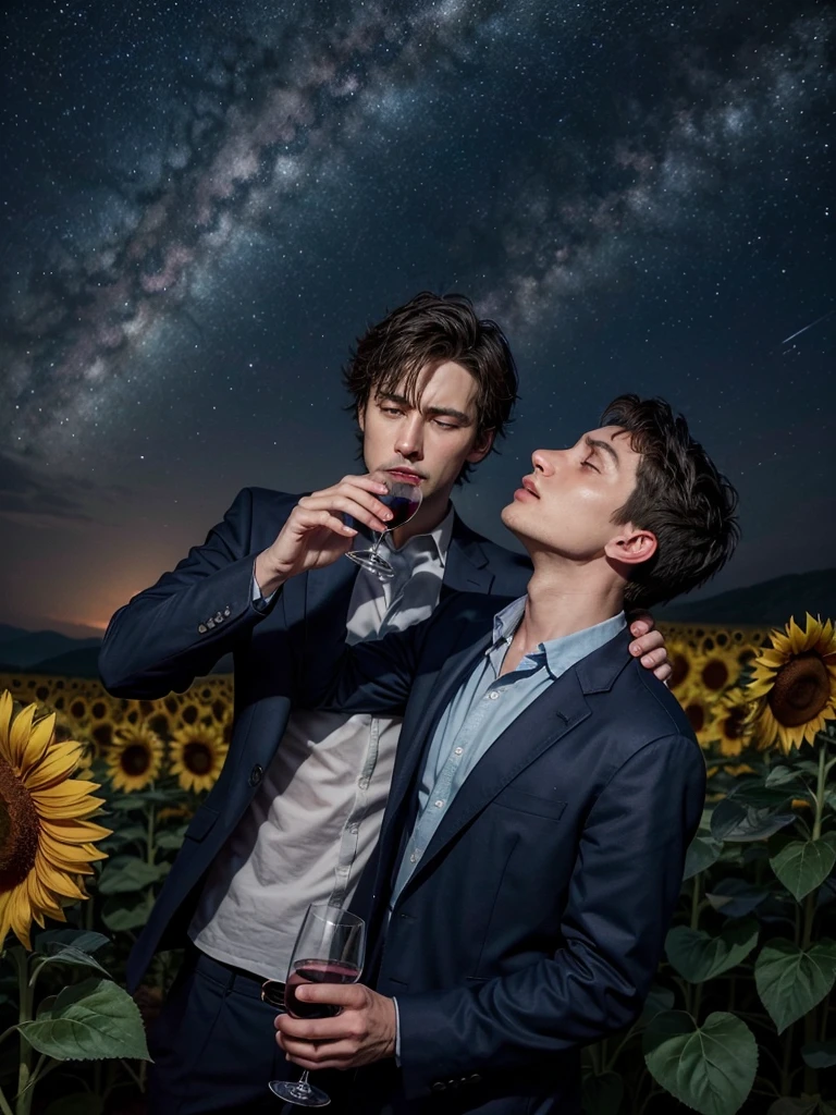 Generate an image that captures the essence of the drama, with predominant shades of navy blue and black. Include a representation of the Milky Way in the background, a man falling with a glass of wine in one hand and a sunflower in the other.