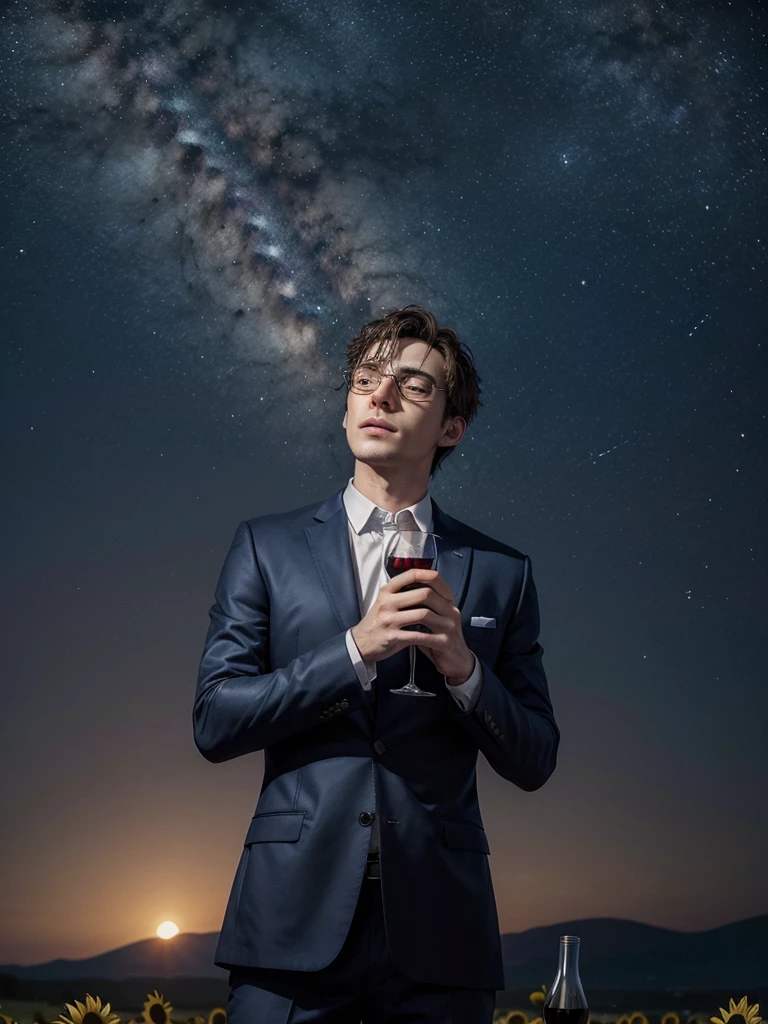Generate an image that captures the essence of the drama, with predominant shades of navy blue and black. Include a representation of the Milky Way in the background, a man falling with a glass of wine in one hand and a sunflower in the other.