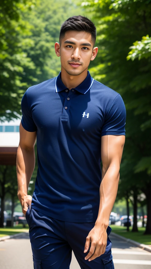 (Create a masterpiece: 1.2),(CGI art:1.3),(realistic:1.5),(After processing:1.3),(Sharp focus:1.3),10,1 man, smile, (Wear a dark blue polo shirt.), Navy cargo pants, Korean guy , korean men, (High gloss details), chest muscles, large arm muscles, blood vessel, Big muscles, Broad shoulders, looking at the audience, Balancing the eyes, In the middle of the road in the capital