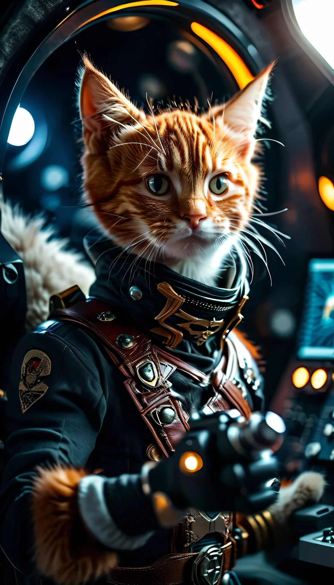 cinematic photo a detailed Award-winning photo, Cute red-haired cat space pirate in his spaceship ,Realistic fur, tooth , anger, Have a big futuristic gun, Epic pose, High quality photos, 3-point lighting, flash with softbox, 4K, Canon EOS R3, High resolution, Smooth, Sharp focus, High resolution, Award-winning photo, 80mm, F2.8, Bokeh . 35mm Photography, movie, Bokeh, Professional, 4K, Very detailed
