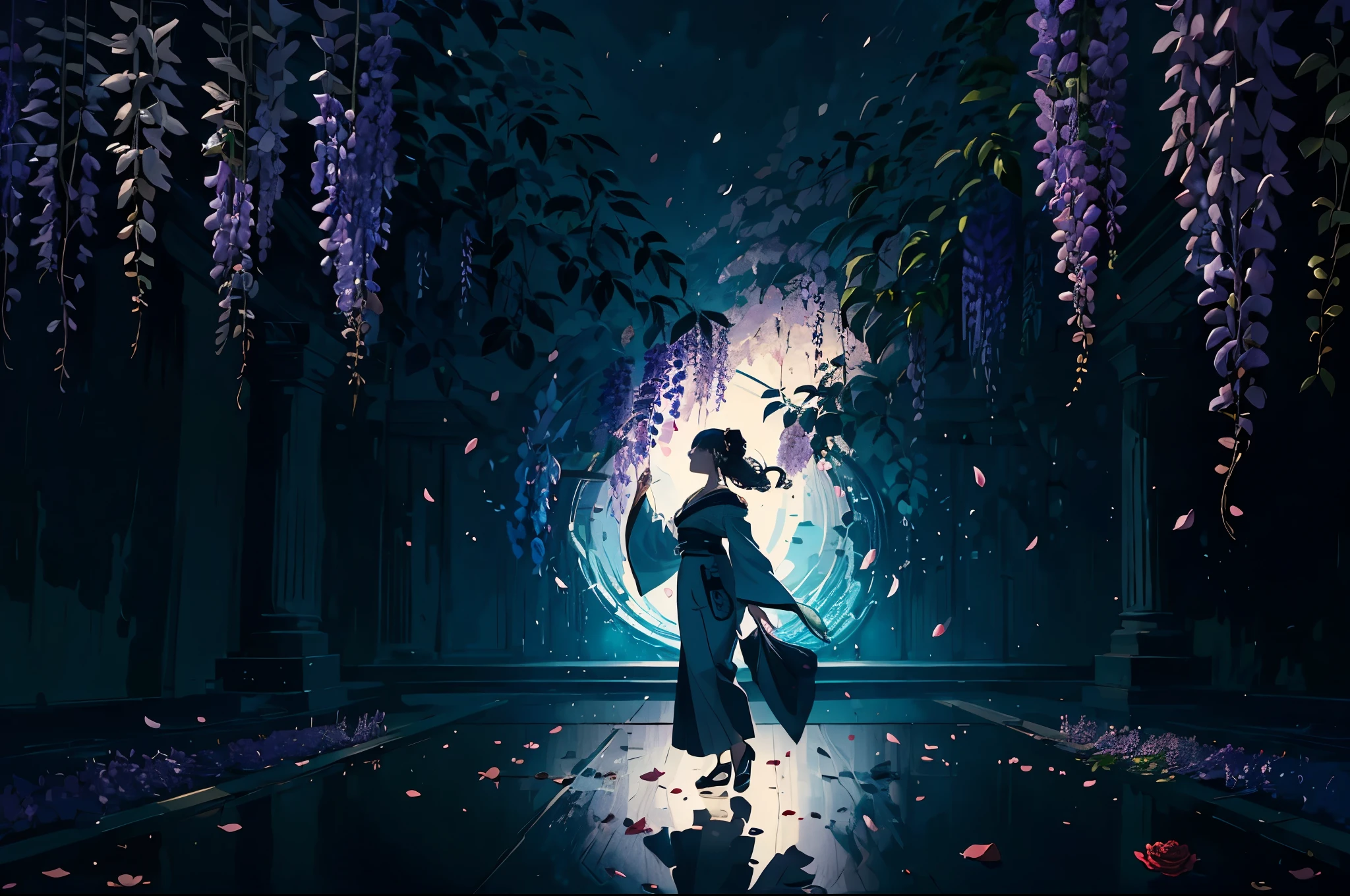 1. Female, performer, nebula, rose, Wisteria, leaf, Falling petals, Flower artwork, Simplicity, Light from above, Whitework, Reflecting Floor, Black kimono, Removable sleeves, Pause, Contrasting, garden, Traditional Texture, Ambient Lighting