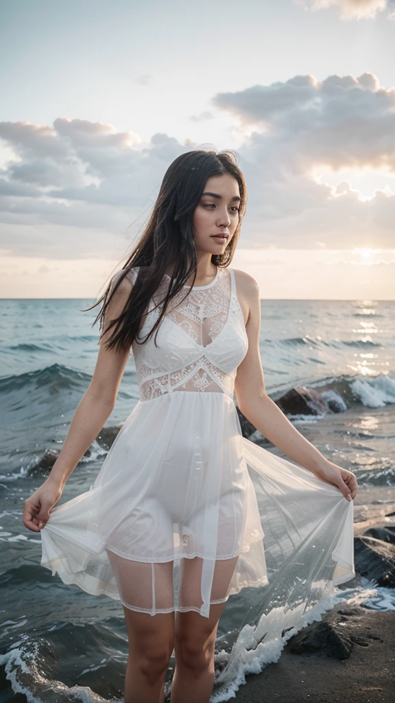 Girl standing with hands crossed, sea water until knees, wearing thin white wet transparent lace dress, see through dress,