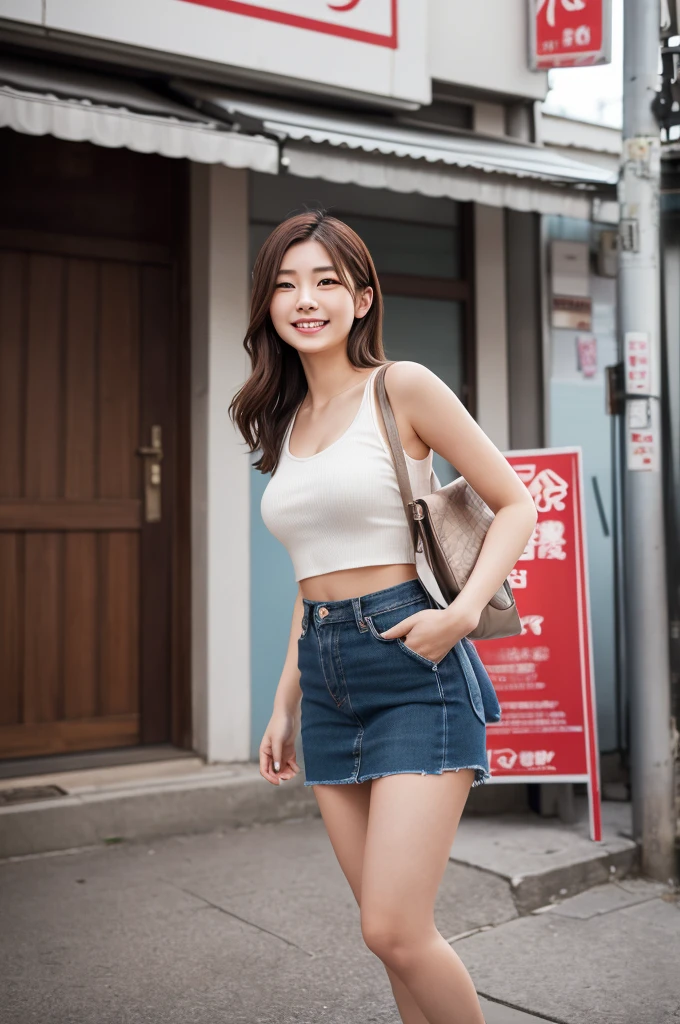 (8k, RAW photo, best quality, masterpiece:1.2), (realistic, photo-realistic:1.4), (extremely detailed 8k wallpaper), Japanese 20 age woman,A girl is on a date with an otaku uncle. She looks very happy and is smiling,She looks like she's going on a date wearing a camisole and miniskirt.