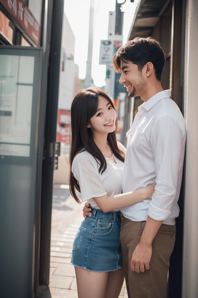 (8k, RAW photo, best quality, masterpiece:1.2), (realistic, photo-realistic:1.4), (extremely detailed 8k wallpaper), Japanese 20 age woman,A girl is on a date with an otaku uncle. She looks very happy and is smiling,She looks like she's going on a date wearing a camisole and miniskirt.