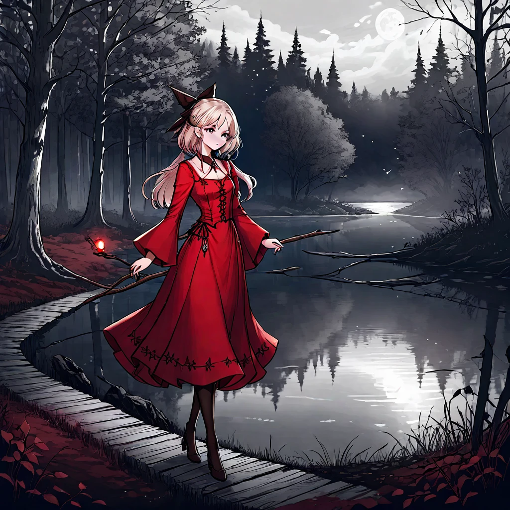 A beautiful young witch，Wearing a red dress（European medieval style，Gothic style），Walking alone in the woods of the park，There is a lake next to it.。Line drawing style，Suspenseful dark style。