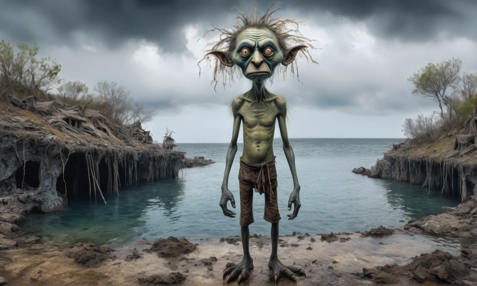 full body length shot,hyperrealistic,  very smart, beautiful image, in childhood memory, eyes anatomically correct,Ultra HD,HDR,hyper realism, hyper detailed,extremely Realism,Ultra Detailed,body logically correct,Extremely detailed,High contrast,Masterpiece,Realism,Ultra Detailed, intricate details,realistic humid leather, cinematic style,irina yermolova,high contrast,hdr,extremely detailed, ,intricate details,faded,eyes extremely detailed,Silverclaw,view from height,full-body-shot,,eyes extremely detailed, high detailed eyes,16k resolution,RAW, Nikon Z9,chinese orc's village of fishers on seaside,authentic,full body length,Labradorite native italian troll ,pretty face,eyebrow up,full body shot,ominous landscape,glate gray atmosphere,by art Simon Stalenhag,Nicola Samori,(((Wangechi Mutu))),MIk Kil Cenote of Yucatan of Mexico