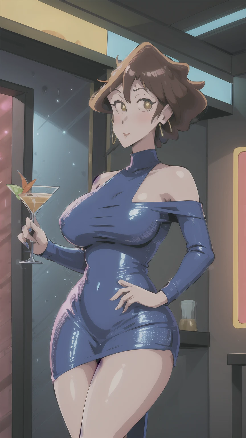 (NSFW), Misae Nohara, full body, thick thighs, hourglass figure, half naked, Looking at the viewer with seductive eyes, Misae Nohara, exposed breasts, 1girl, solo, ((32 years old, wearing a blue sequin dress, long eyelashes, looking at the viewer, holding a martini glass)), sci-fi, digital art, futuristic coloring, vibrant lighting, (Background: Indoors, night club, bar, neon lights, futuristic, Sci-Fi, cyberpunk theme, futuristic technology in the background), brown black hair, hard nipples, exposed vagina, best quality, highres, bbyorf, gold earrings, large breasts, jewelry, off shoulder, red transparent sweater, sweater transparent dress, long sleeves, no panties, outdoors,