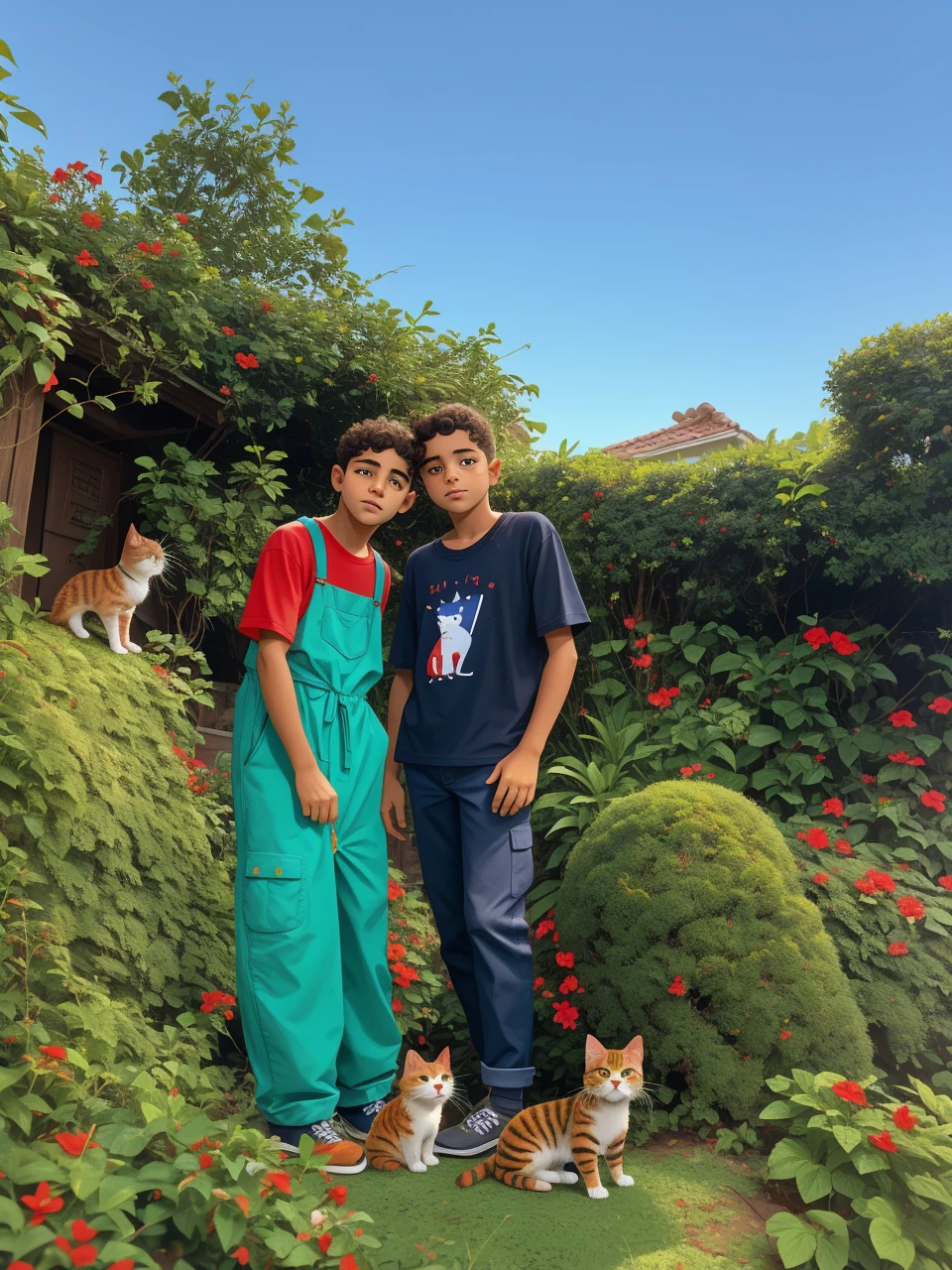 Retrato realista de um menino de sete anos, Ele usa uma camisa vermelha . Your face is and exploratory . Ele sai cautelosamente para o jardim da casa,  A small cat is among the bushes and he touches it cautiously ,Not facing the camera,, Hair is messy , 