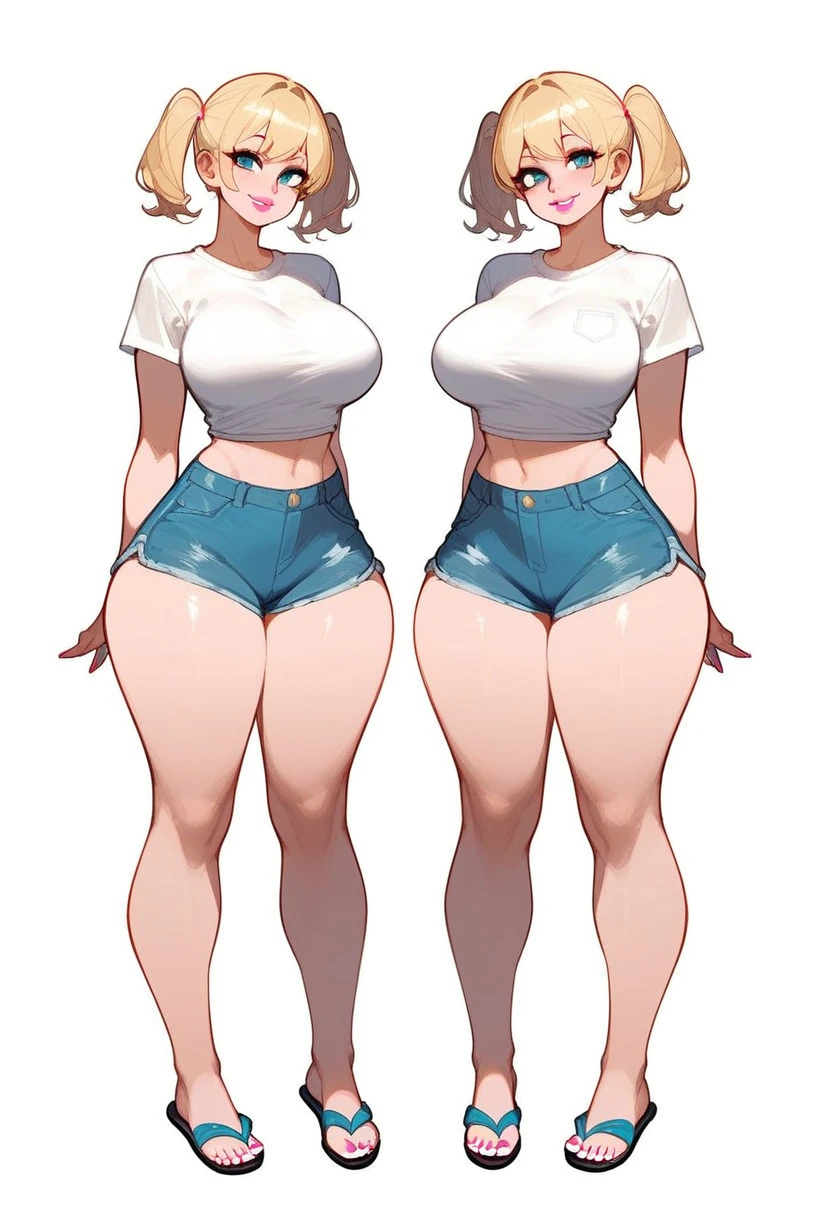 Woman with short blonde hair, pale skin, short twintails, wearing a very T-shirt, tight short sleeve, jean shorts, and small black flip flops,ge breasts, wide hick thighs, large thighs, thick thighs pressed together, small feet, feet, slender toes, 5 toes on each foot, white nail polish, pink lip gloss, white background, smiling, standing up