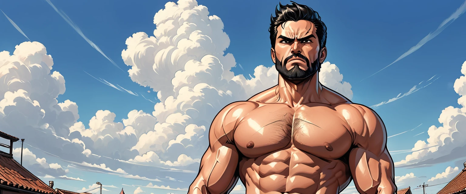 angry portrait of a man in the sky,  ((blue sky)), ((cloud)), man, Adult, Italian, Mesomorph Muscular body, perfect Olive skin, short Muscular neck, Rectangle faces, broad Muscular shoulders, Attached  Cupped Symmetrical Ears, Low Forehead, black short combed back hair, Fleshy nose, Bold Tapered black Eyebrows, High Angular Symmetrical Prominent Cheekbones, Heart-Shaped Cheeks, triangular Chin, Angular jawline, brown Upturned eyes, Thin nude Lips, Designer Stubble black whiskers, triangular black hair beard, big muscles,  graphic style of novel comics style,dark novel style, comic style, 2d, 8k, hyperrealism, masterpiece, high resolution, best quality, ultra-detailed, super realistic, Hyperrealistic art, high-quality, ultra high res, highest detailed, lot of details, Extremely high-resolution details, incredibly lifelike, colourful, soft cinematic light,