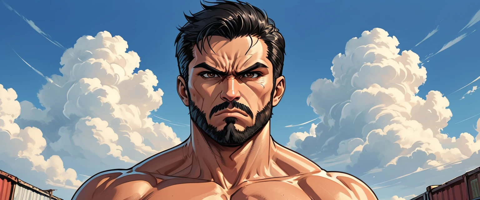 angry portrait of a man in the sky,  ((blue sky)), ((cloud)), man, Adult, Italian, Mesomorph Muscular body, perfect Olive skin, short Muscular neck, Rectangle faces, broad Muscular shoulders, Attached  Cupped Symmetrical Ears, Low Forehead, black short combed back hair, Fleshy nose, Bold Tapered black Eyebrows, High Angular Symmetrical Prominent Cheekbones, Heart-Shaped Cheeks, triangular Chin, Angular jawline, brown Upturned eyes, Thin nude Lips, Designer Stubble black whiskers, triangular black hair beard, big muscles,  graphic style of novel comics style,dark novel style, comic style, 2d, 8k, hyperrealism, masterpiece, high resolution, best quality, ultra-detailed, super realistic, Hyperrealistic art, high-quality, ultra high res, highest detailed, lot of details, Extremely high-resolution details, incredibly lifelike, colourful, soft cinematic light,