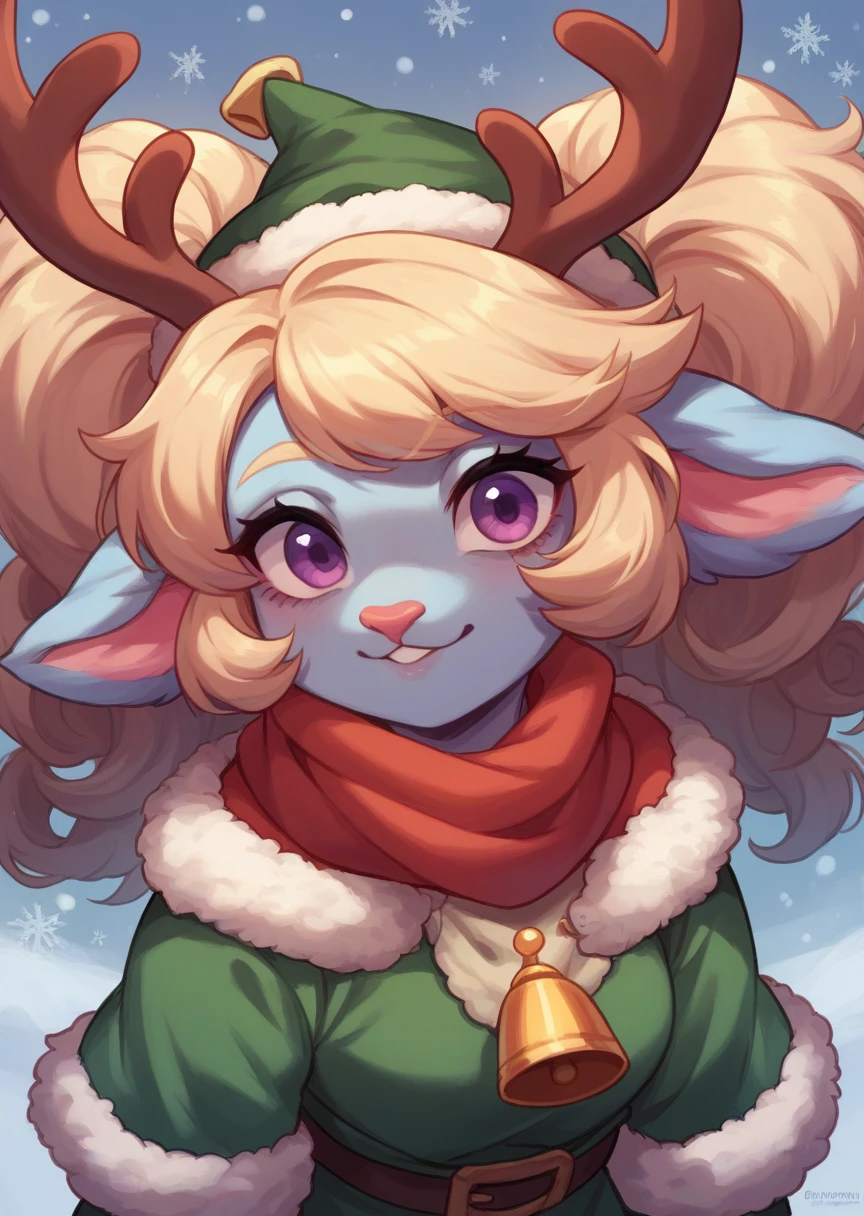 1 girl, Alone, poppylol, orange colored fur of furry reindeer, pelo cafe, purple_eyes, christmas suit, scarf, reindeer antlers, cola de reno