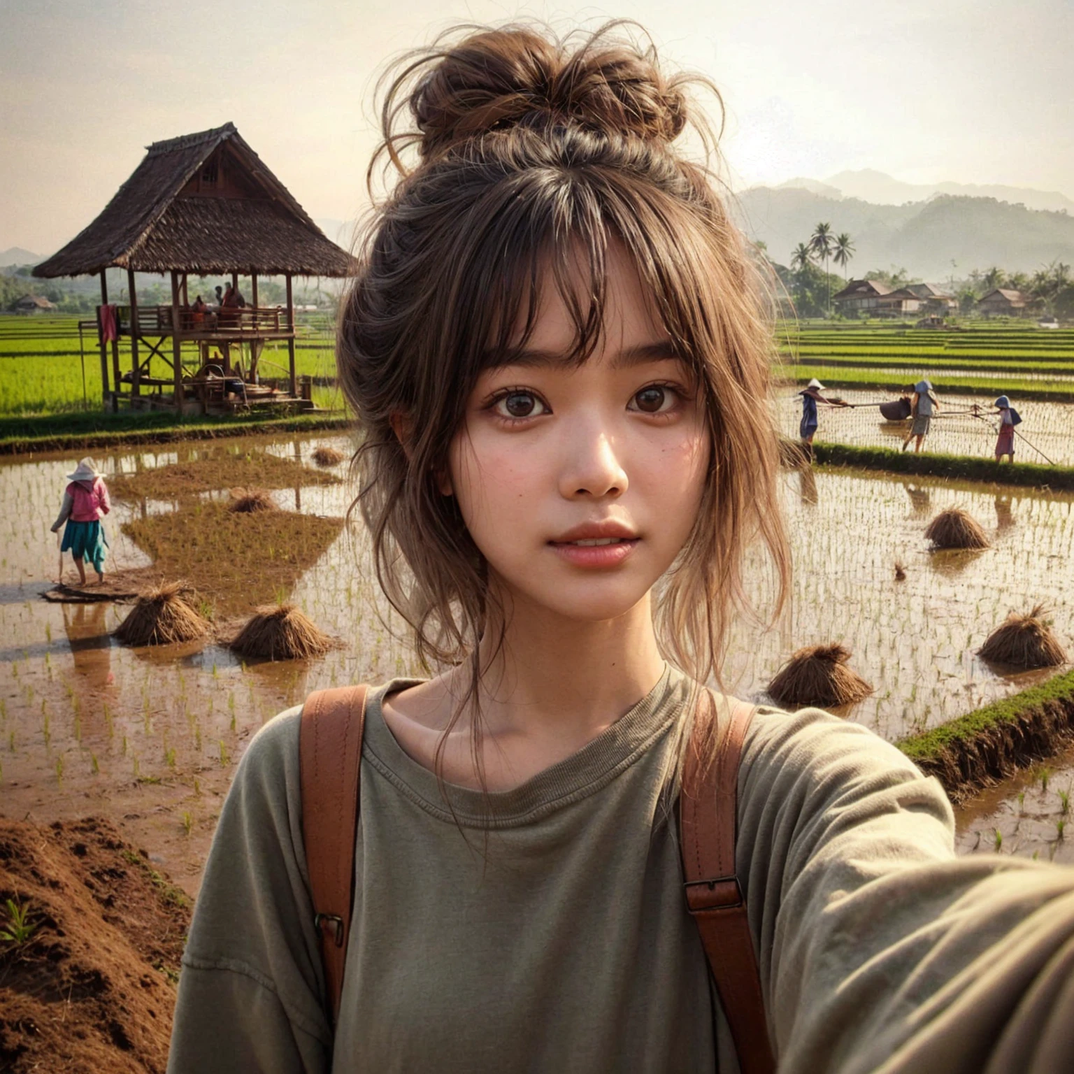 realistic selfie photo. a young Indonesian girl aged 16 years, medium messy hair style, wear a long-sleeved t-shirt, carry a shoulder bag. In the background of rural rice fields, people can be seen plowing the fields, there is a gazebo where you can rest, scarecrows and one beautiful mountain, bright sky, Indonesian morning atmosphere. UHD. masterpiece