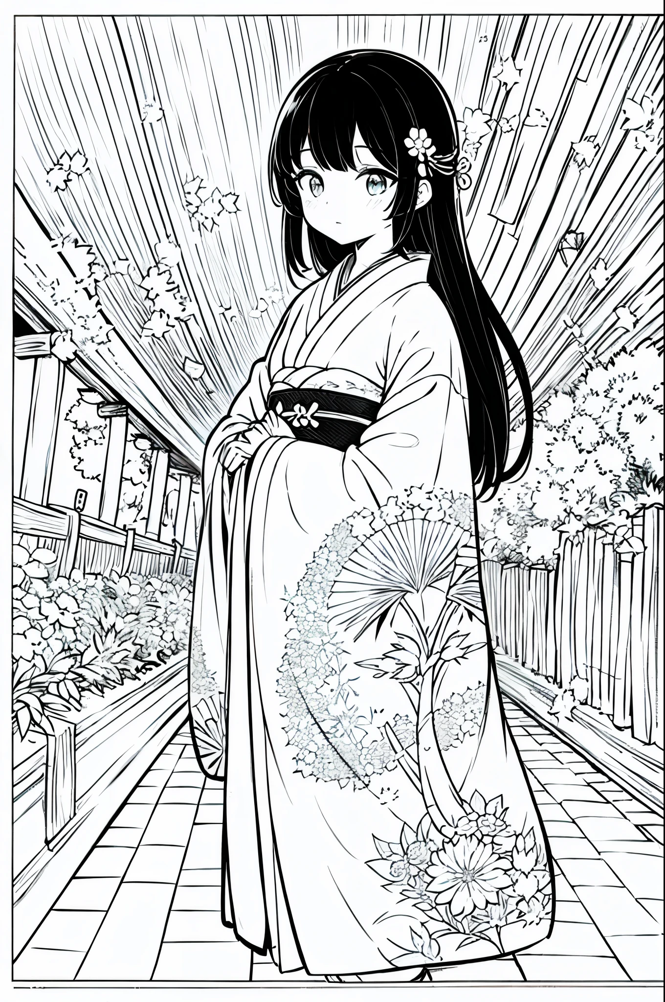 As a coloring book, the color should be black and white, the border should be simple, clear, and bold. A beautiful Asian girl with long, flowing black hair adorned with a delicate [flower hair ornament] is strolling through the picturesque [Arashiyama Bamboo Forest] in Kyoto, Japan. She is wearing a stunning [kimono with cherry blossom pattern], the vibrant colors contrasting with the serene green of the bamboo grove. The girl's expression exudes a sense of peace and tranquility as she immerses herself in the beauty of the natural surroundings.