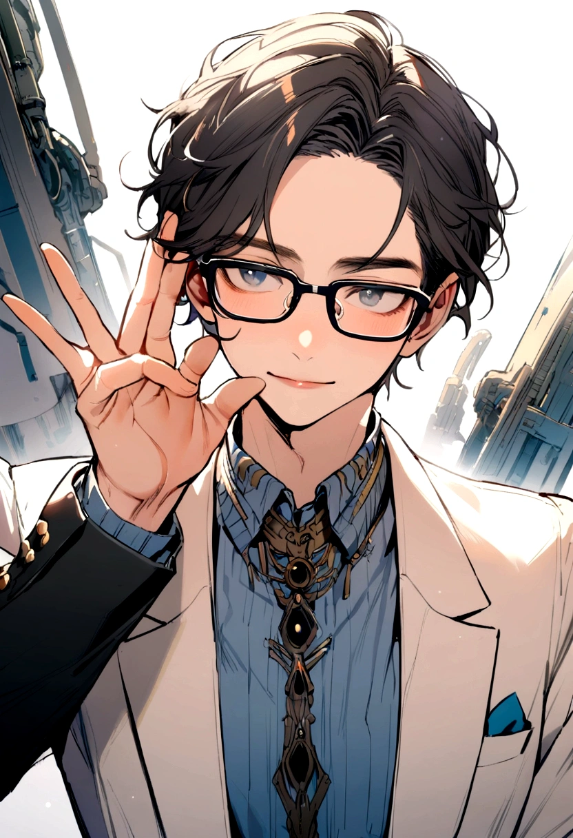 A boy, tender face, glasses, , pretty hands,clear skin