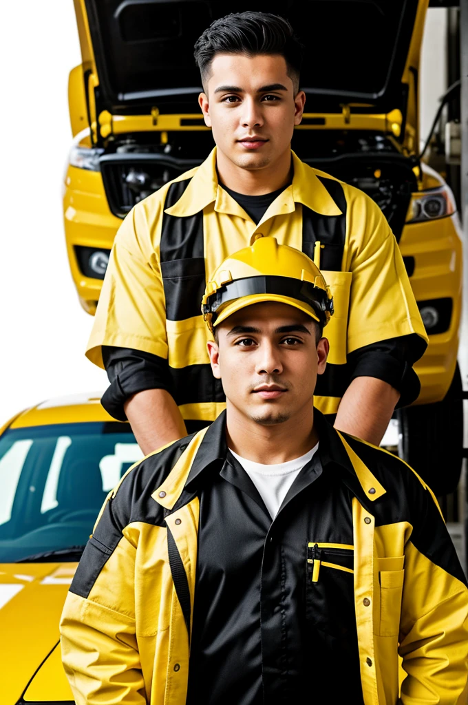 Automotive technician dressed in black and yellow worker's clothing and logo that says "Duncan Accumulators"
industrial lenses full front shot sharpness white background