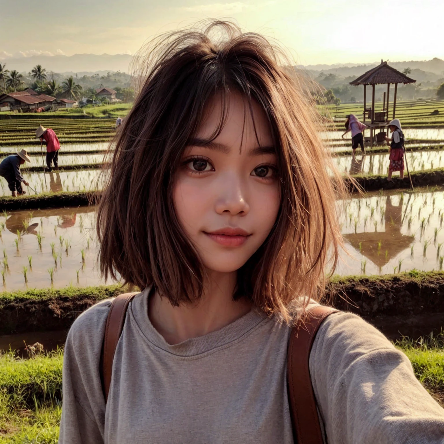 realistic selfie photo. a young Indonesian girl aged 16 years, medium messy hair style, wear a long-sleeved t-shirt, carry a shoulder bag. In the background of rural rice fields, people can be seen plowing the fields, there is a gazebo where you can rest, scarecrows and one beautiful mountain, bright sky, Indonesian morning atmosphere. UHD. masterpiece