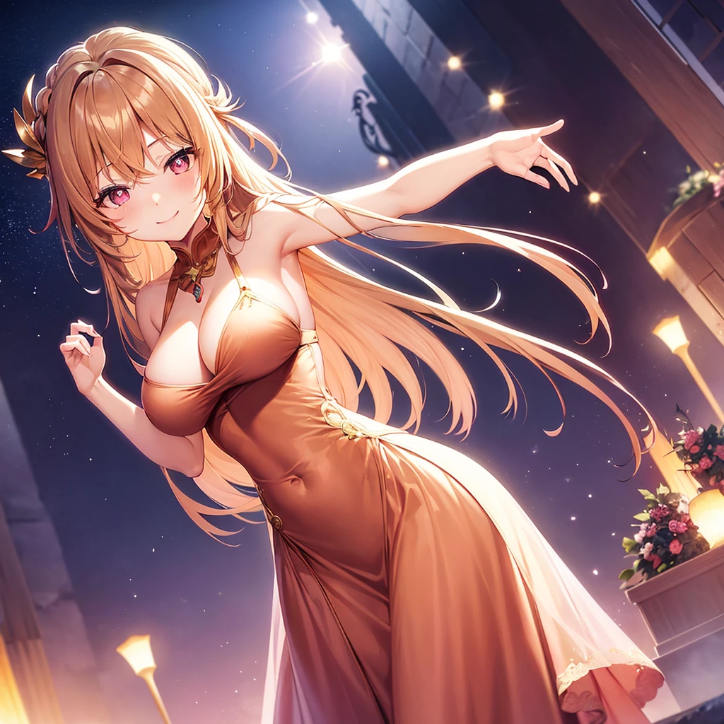 asuna,STAR, crown half up hairstyle,, Perfect female body, woman, seductive smile, large breasts, peach pink pupils, beautiful long dress, brown Clothes, dusk, dusk sky, sunset,Free Pose、Shoulder Off、Big Breasts、Cleavage exposure、Only one woman、Low - Angle