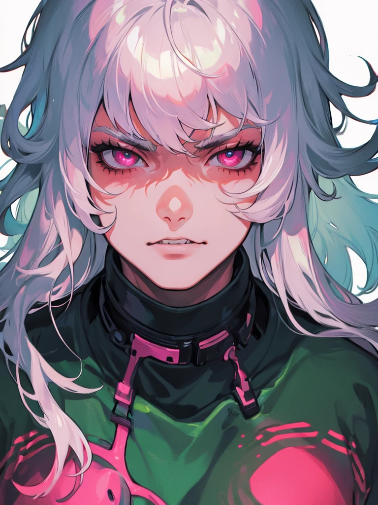 (masterpiece, best quality), beautiful men, silver hair, green eyes , T-shirt , white shirt , Throat, wet with sweat, Six pack, pink nipples, Insidious, Sharp-eyed, fierce eyes, canine teeth,