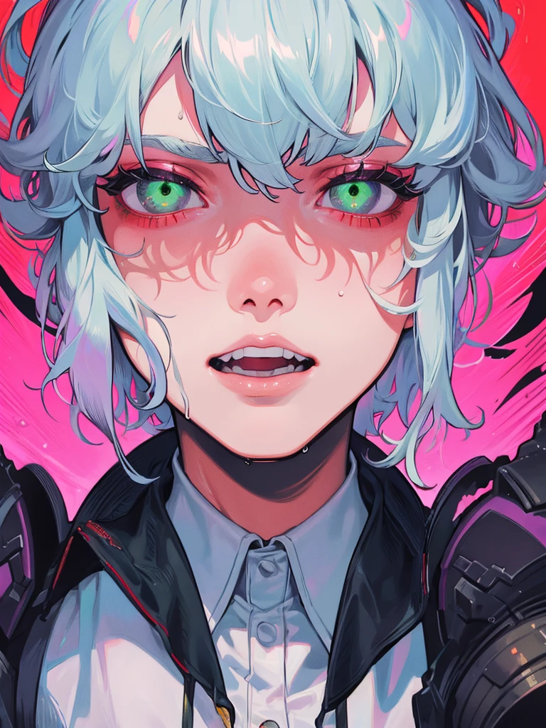 (masterpiece, best quality), beautiful men, silver hair, green eyes , T-shirt , white shirt , Throat, wet with sweat, Six pack, pink nipples, Insidious, Sharp-eyed, fierce eyes, canine teeth,