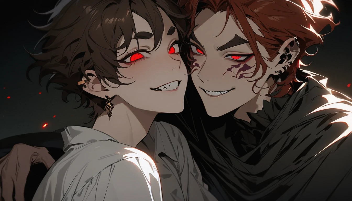 ((masterpiece)),(((Highest quality))), Close-up of attractive man with brown hair, Adult man, Seductive Evil, Wearing a white shirt, Black Cape, black pants attractive look, Subsurface scattering skin, Charming humanoid, High detail, Skinny fantasy man, Fan art, art, Handsome man, Red eyes, Grin, smile, tooth, vampire tooth, Little student, Thin face, Sunken cheeks, Melancholic appearance, Sharp jaw, Smooth face, Earrings in the ears, Hair Gradation, Hair color changes from brown to red, Thin eyebrows, Short hair on the sides, Pixie Hairstyles, Wavy Hair, A horrifying look, Cool dark colors, Additional lighting, Dark painting, Black darkness, There's a sinister flame in his eyes, Necromancer, necromancy, sorrow, sorrow, Eye regret, despair, fear, Narrow eyes, Moonlit Night, Standing in water, The moon reflects on the water, Red Moon
