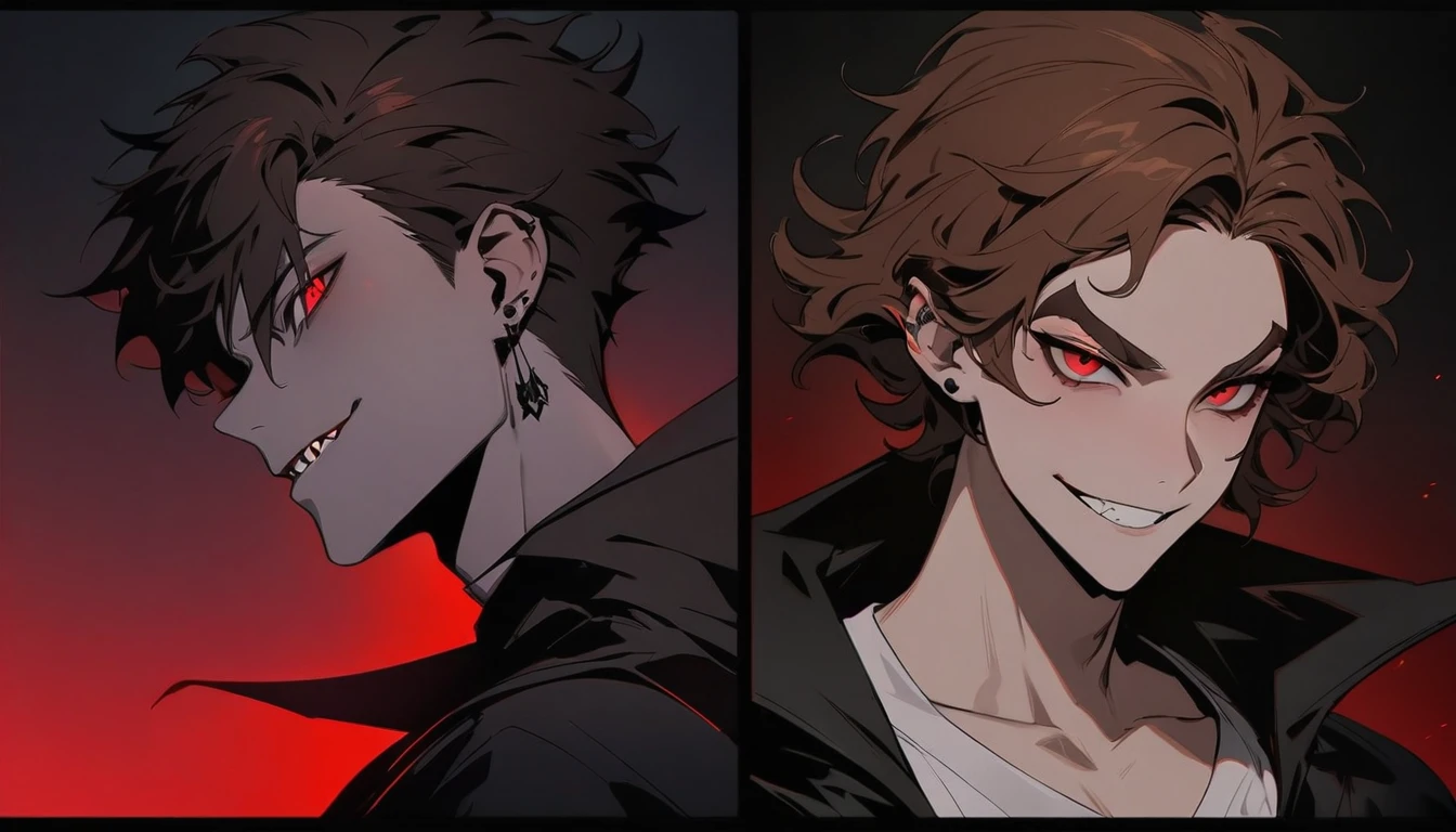 ((masterpiece)),(((Highest quality))), Close-up of attractive man with brown hair, Adult man, Seductive Evil, Wearing a white shirt, Black Cape, black pants attractive look, Subsurface scattering skin, Charming humanoid, High detail, Skinny fantasy man, Fan art, art, Handsome man, Red eyes, Grin, smile, tooth, vampire tooth, Little student, Thin face, Sunken cheeks, Melancholic appearance, Sharp jaw, Smooth face, Earrings in the ears, Hair Gradation, Hair color changes from brown to red, Thin eyebrows, Short hair on the sides, Pixie Hairstyles, Wavy Hair, A horrifying look, Cool dark colors, Additional lighting, Dark painting, Black darkness, There&#39;s a sinister flame in his eyes, Necromancer, necromancy, sorrow, sorrow, Eye regret, despair, fear, Narrow eyes, Moonlit Night, Standing in water, The moon reflects on the water, Red Moon