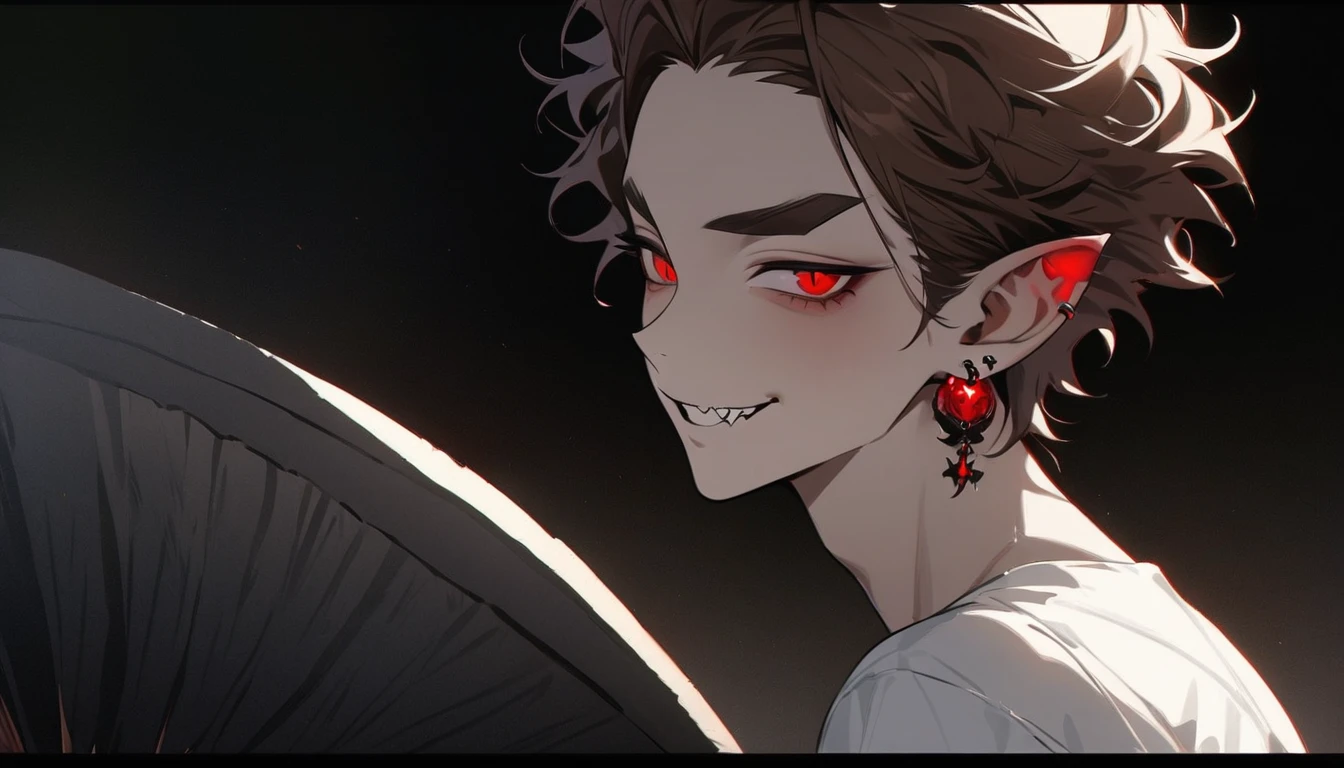 ((masterpiece)),(((Highest quality))), Close-up of attractive man with brown hair, Adult man, Seductive Evil, Wearing a white shirt, Black Cape, black pants attractive look, Subsurface scattering skin, Charming humanoid, High detail, Skinny fantasy man, Fan art, art, Handsome man, Red eyes, Grin, smile, tooth, vampire tooth, Little student, Thin face, Sunken cheeks, Melancholic appearance, Sharp jaw, Smooth face, Earrings in the ears, Hair Gradation, Hair color changes from brown to red, Thin eyebrows, Short hair on the sides, Pixie Hairstyles, Wavy Hair, A horrifying look, Cool dark colors, Additional lighting, Dark painting, Black darkness, There's a sinister flame in his eyes, Necromancer, necromancy, sorrow, sorrow, Eye regret, despair, fear, Narrow eyes, Moonlit Night, Standing in water, The moon reflects on the water, Red Moon