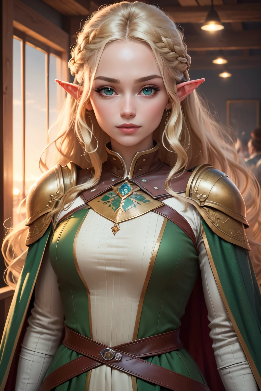 ((best quality)), ((masterpiece)), (detailed), Prize-winning works, with incredible details, maximum textures and details, uhd ,8K,super resolution ,depth of field, retina, masterpiece, anatomically correct, textured skin, super detail, high details, highres ,1 A Female Elf , Long wavy blonde hair, greeneyes, green and gold cloak, green and gold medieval dress , sunset ,hair in the wind,very long blonde braid hair ,((loiro long hair,)),shy smile,similar to the work of JRR Tolkien,longCap ,lightweight armour,fully body, hyper-detailed piercing eyes , (25 year old young man :1.1,detailedeyes, face detailed, whole body:1.1,the background is the same as Lothlórien ),(best qualityer:1.2,ultra detali:1.1,realisitic:1.37) ,eyeshadows,sharp focus,swirly vibrant colors,)
