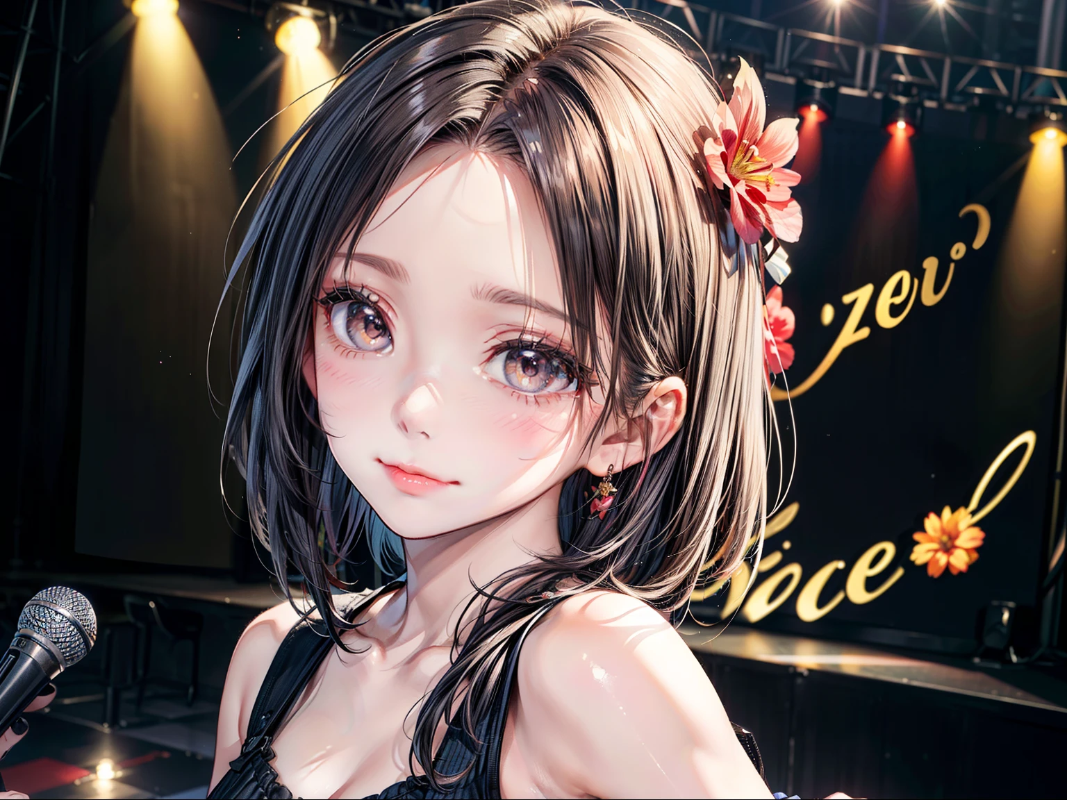 ((Best of the highest quality, 8k, Masterpiece, raw photo: 1.1)), (Sharp focus: 1.1), (1 AESPA, slim body type female, 22 y/o: 1.1), solo, Portrait Waist Up, (realistic, photo-realistic:1.37), face focus, finely small eyes, (forehead, short bob hair: 1.28), (sharp chin, droopy eyes, sad eyes: 1.32), (Emphasize prominent aegyo-sal with bright: 1.28), shimmering eyeshadow applied under the lower lash line, paired with thick, (small breasts, flat chest: 1.2), T-shirt, walking on stage, microphone, flower,