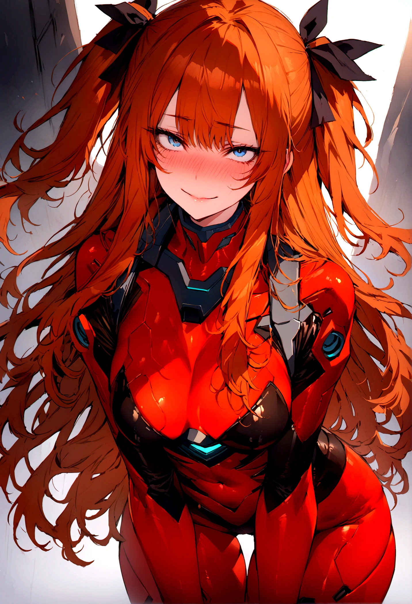 (masterpiece), best quality, expressive eyes, perfect face, 1girl, solo, blue eyes, dark orange Hair, Loose hair, hair ribbon, long hair, black ribbon, sidelocks, bangs two side up, smile, red skin-tight battle suit, slim figure, looking at viewer