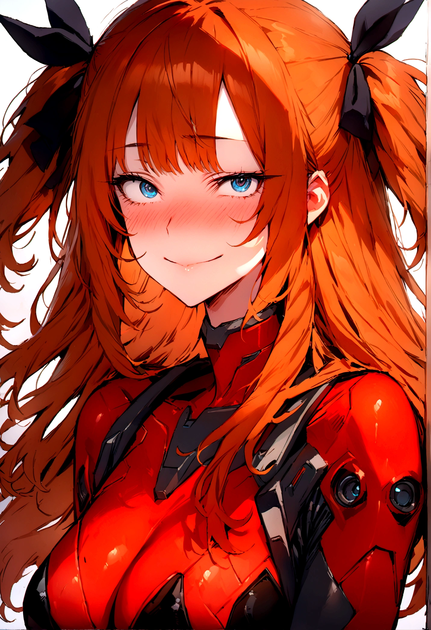 (masterpiece), best quality, expressive eyes, perfect face, 1girl, solo, blue eyes, dark orange Hair, Loose hair, hair ribbon, long hair, black ribbon, sidelocks, bangs two side up, smile, red skin-tight battle suit, slim figure, looking at viewer