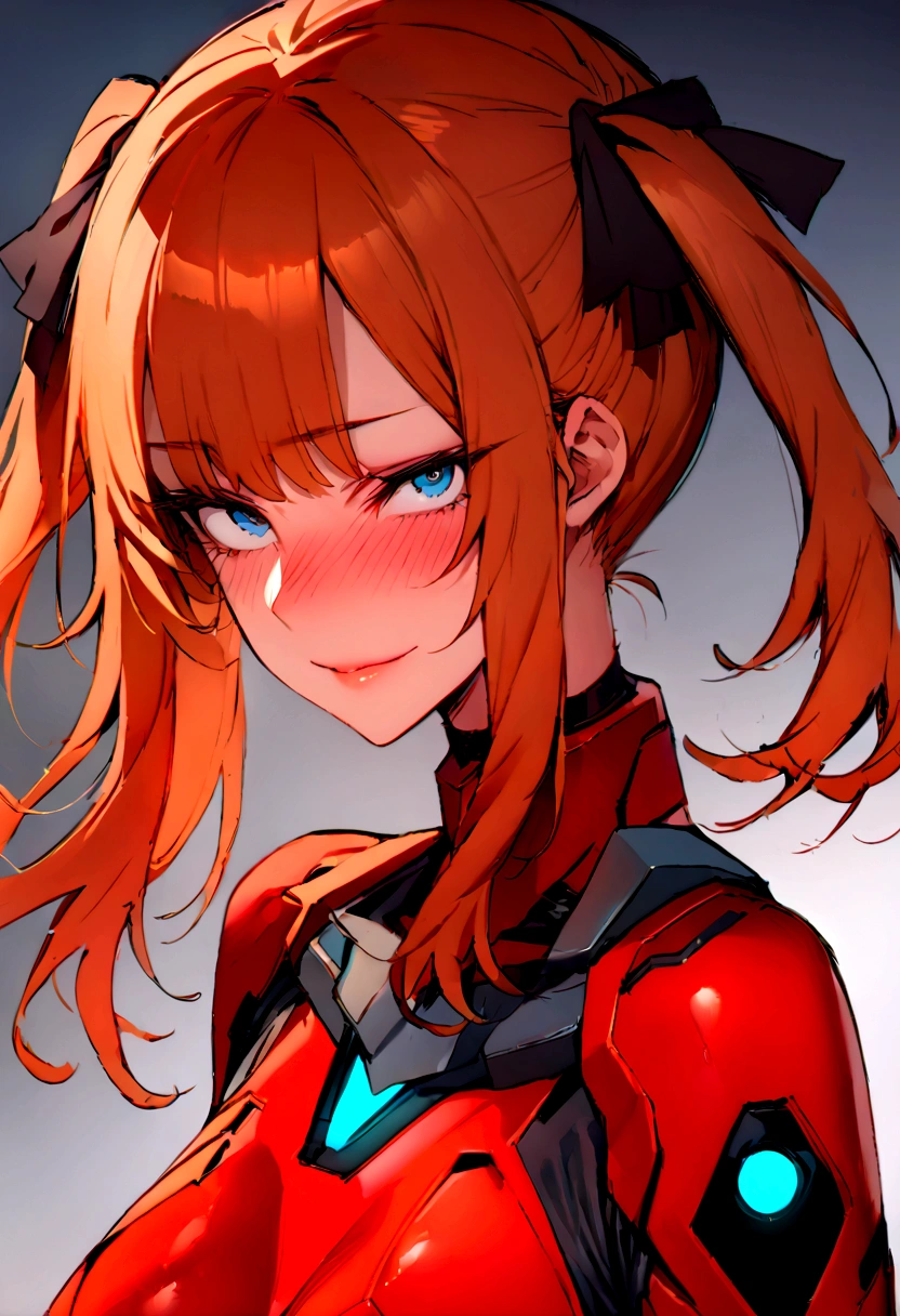 (masterpiece), best quality, expressive eyes, perfect face, 1girl, solo, blue eyes, dark orange Hair, Loose hair, hair ribbon, long hair, black ribbon, sidelocks, bangs two side up, smile, red skin-tight battle suit, slim figure, looking at viewer