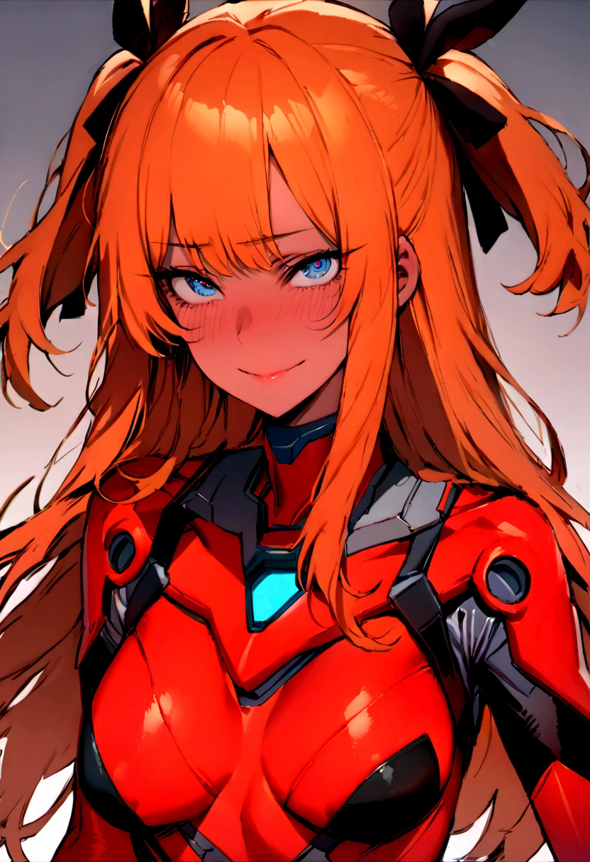 (masterpiece), best quality, expressive eyes, perfect face, 1girl, solo, blue eyes, dark orange Hair, Loose hair, hair ribbon, long hair, black ribbon, sidelocks, bangs two side up, smile, red skin-tight battle suit, slim figure, looking at viewer
