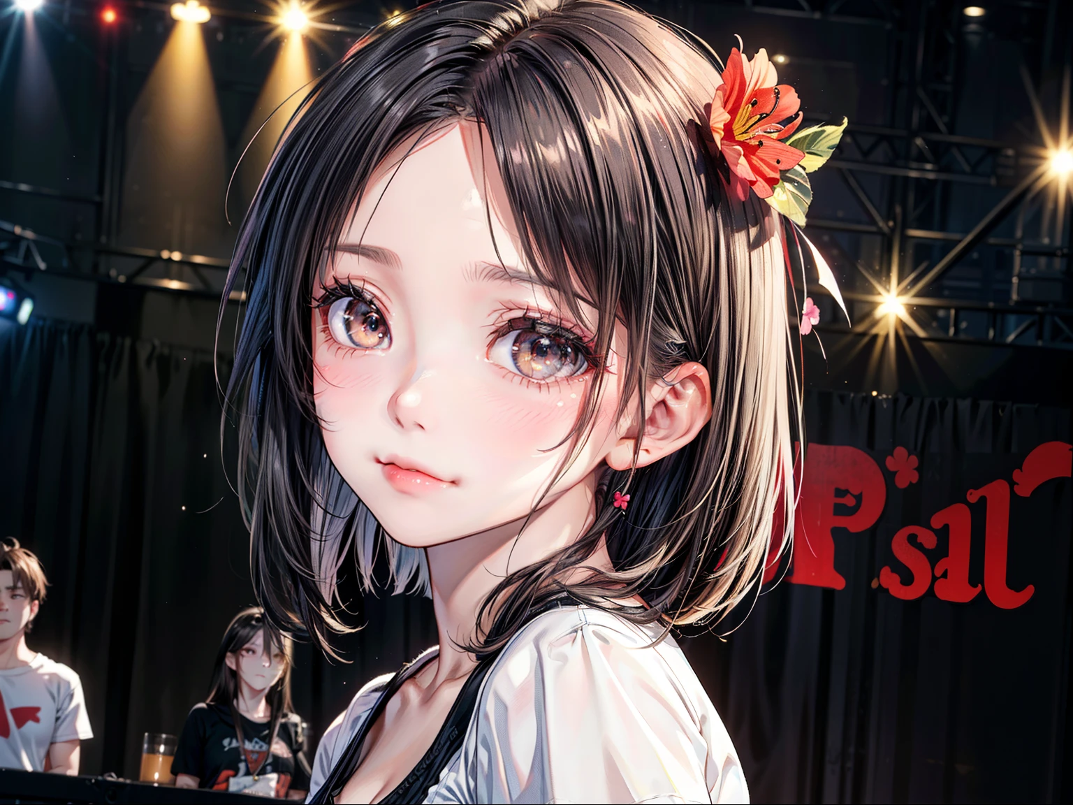 ((Best of the highest quality, 8k, Masterpiece, raw photo: 1.1)), (Sharp focus: 1.1), (1 AESPA, slim body type female, 22 y/o: 1.1), solo, Portrait Waist Up, (realistic, photo-realistic:1.37), face focus, finely small eyes, (forehead, short bob hair: 1.28), (sharp chin, droopy eyes, sad eyes: 1.32), (Emphasize prominent aegyo-sal with bright: 1.28), shimmering eyeshadow applied under the lower lash line, paired with thick, (small breasts, flat chest: 1.2), T-shirt, walking on stage, microphone, flower,