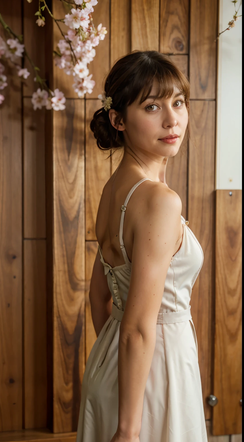 yor, Mature female, bangs, side locks, Brown eyes, Brown hair, hair adornments,Red Lips, sportrait, (face:1.2), schoolgirls, ssmile,bare shoulders, Brown hair, cherry blossom, cleavage, (gown:1.21), clavicle, Willow Branch, (masterpiece best quality :1.2),