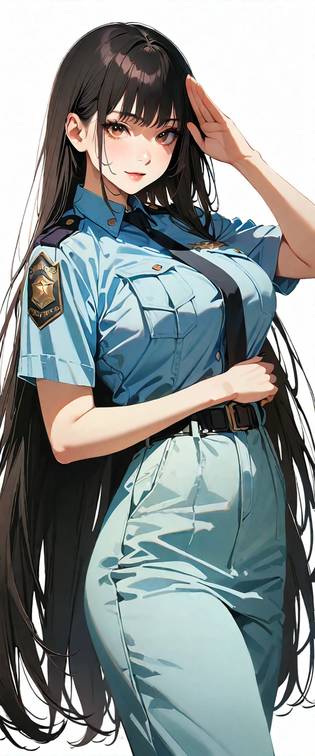 20 years old,1 mature woman,hyperrealistic, 8k, (extremely detailed 8k), (very delicate and beautiful), (masterpiece), (better quality:1.0), (ultra high resolution:1.0), (masterpiece, best quality),cute,black hair,cowboy shot,white background,realistic skin,big breasts,black nail,extra long hair,salute,police officer