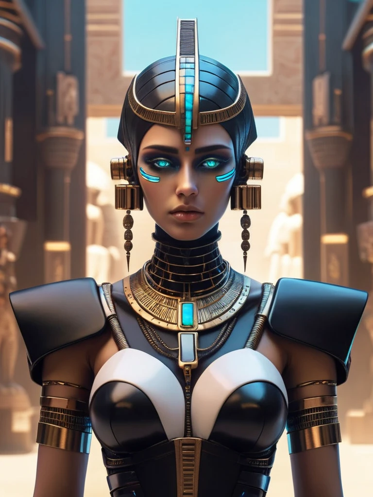 ral-opal, meahophontron, whole body, Woman robot face, Cyberpunk futurista, bust, cleopatra of egypt theme, Egypt background, demonic environment, black clothes
